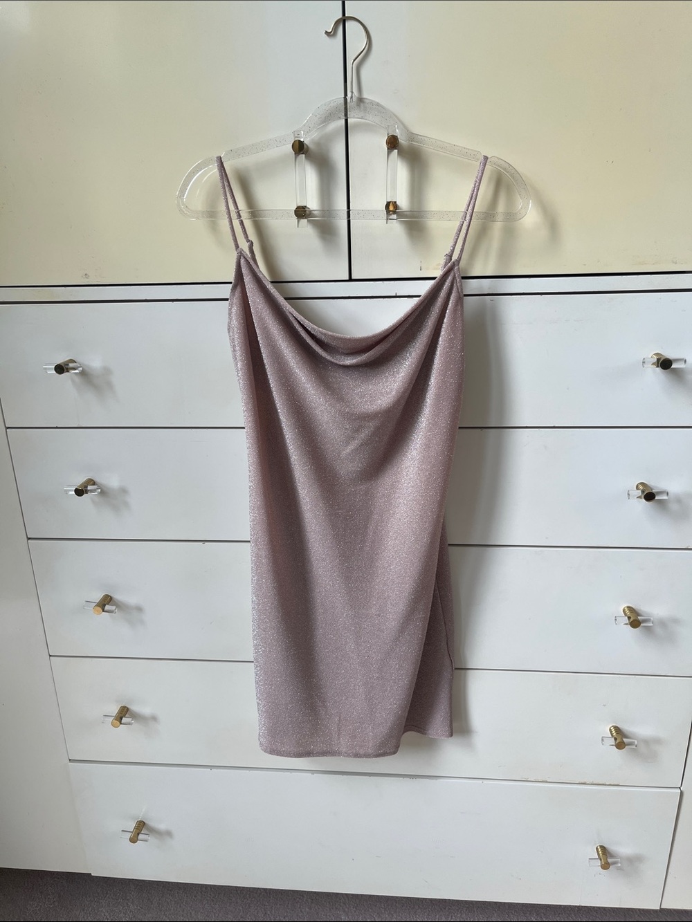 bebe Shimmery Dusty Rose Cowl Slip Dress
